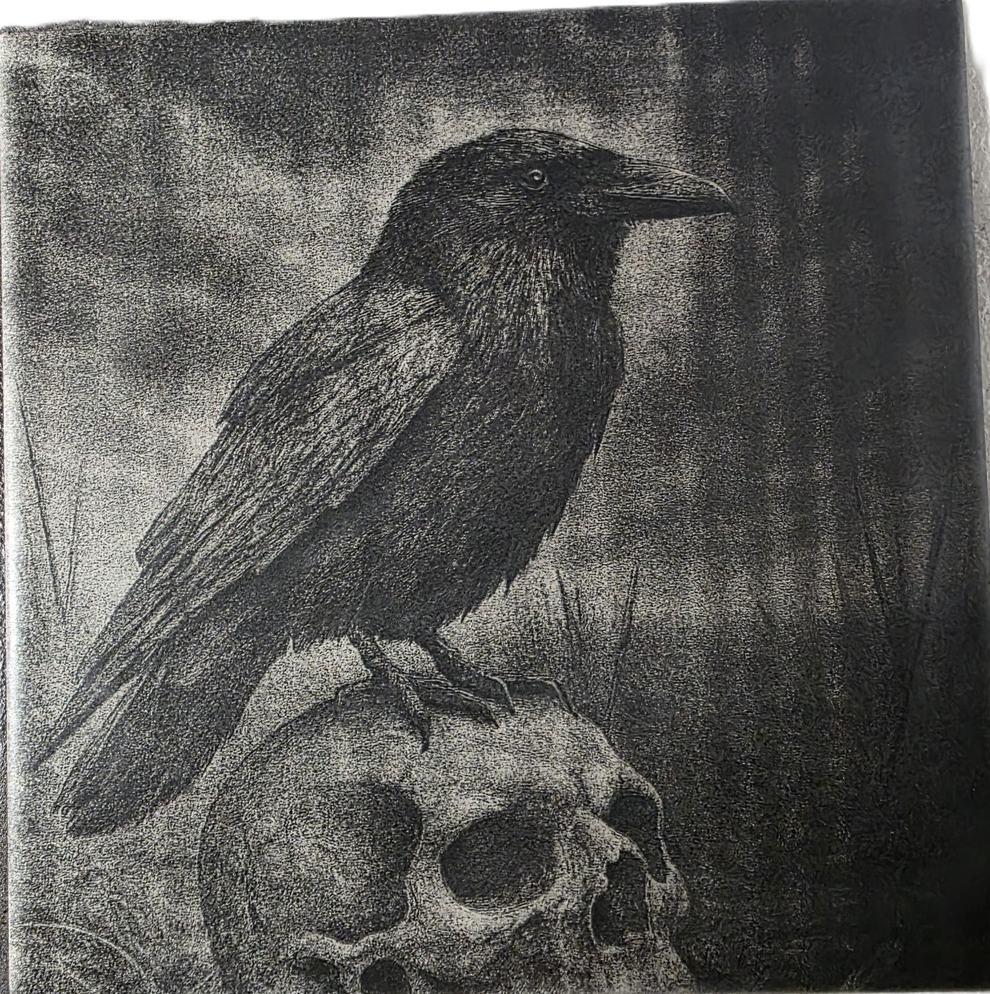 🖤‘Raven's Omen on Human Skull’🖤 - A Monochromatic Masterpiece in Ceramic Tile Art