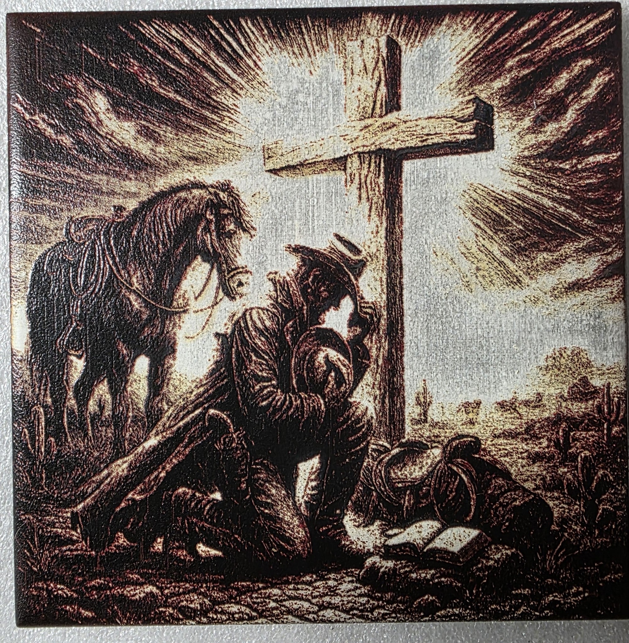 🤠 'Solitary Prayer: A Cowboy's Serenity' 🌵 Ceramic Art Tile